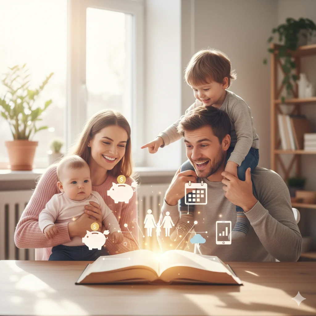 Rodinné finance — prasátko, peníze a dětské botičky na stole