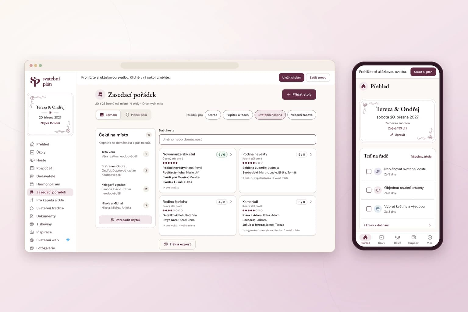 Ukázka českého svatebního plánovače Svatební plán na počítači a v mobilním telefonu se zasedacím pořádkem a přehledem úkolů