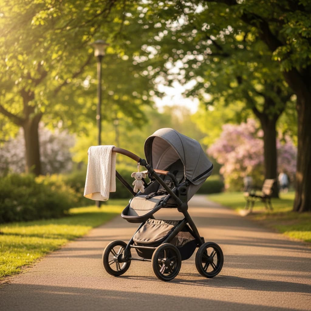 Moderní kočárek na cestičce v parku za slunečného dne