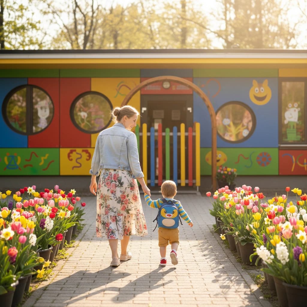 Maminka vede malé dítě s batůžkem ke vstupu do mateřské školky za slunečného jarního rána