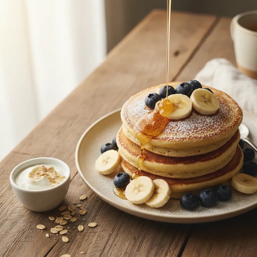 Zlatavé banánové lívance s čerstvým ovocem a jogurtem