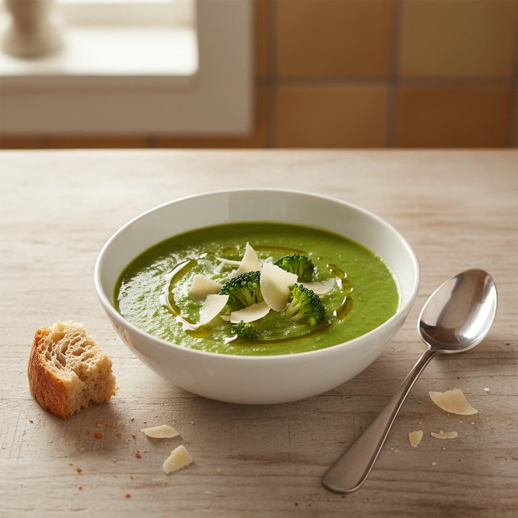 Krémová brokolicová polévka s parmazánem a olivovým olejem