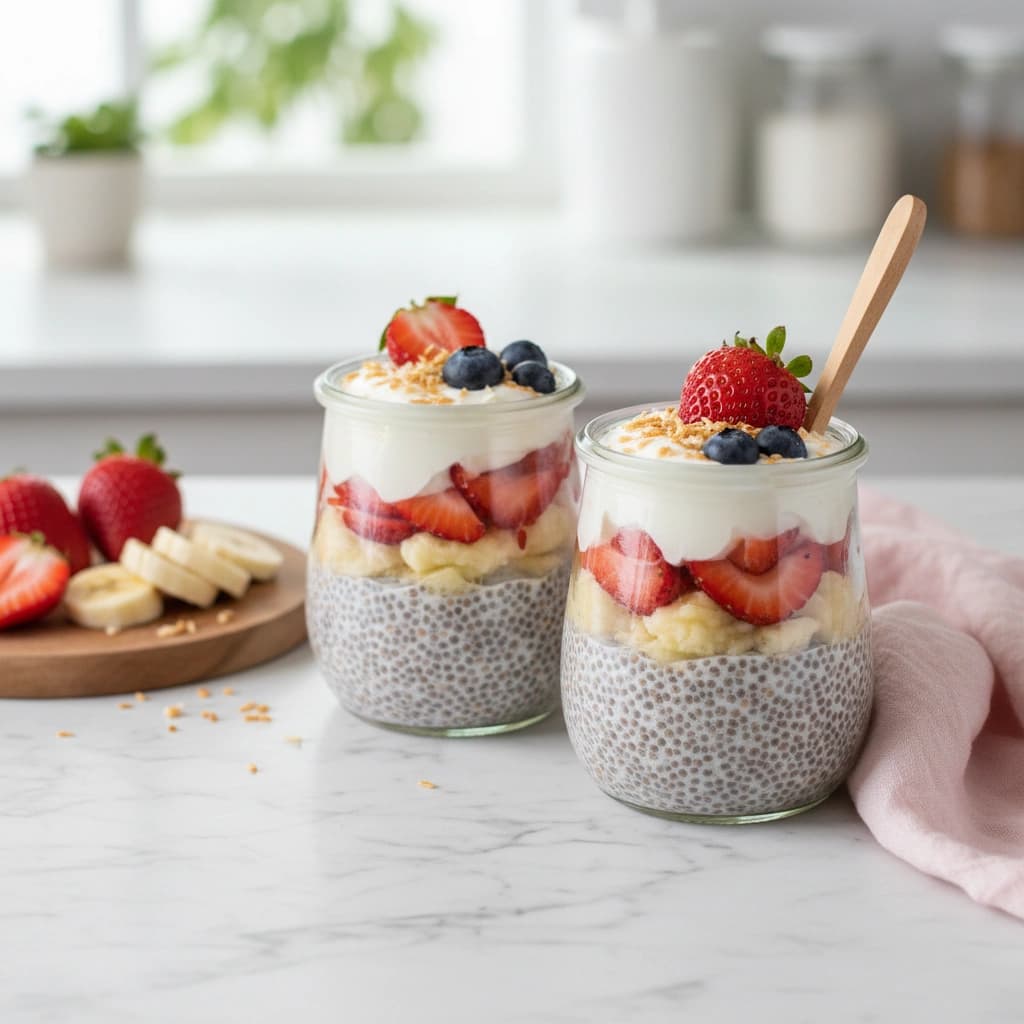 Vrstvený chia pudink s čerstvými jahodami, banánem a jogurtem ve skleničce