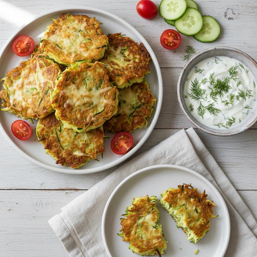 Zlatavé cuketové placičky se sýrem a jogurtovým dipem