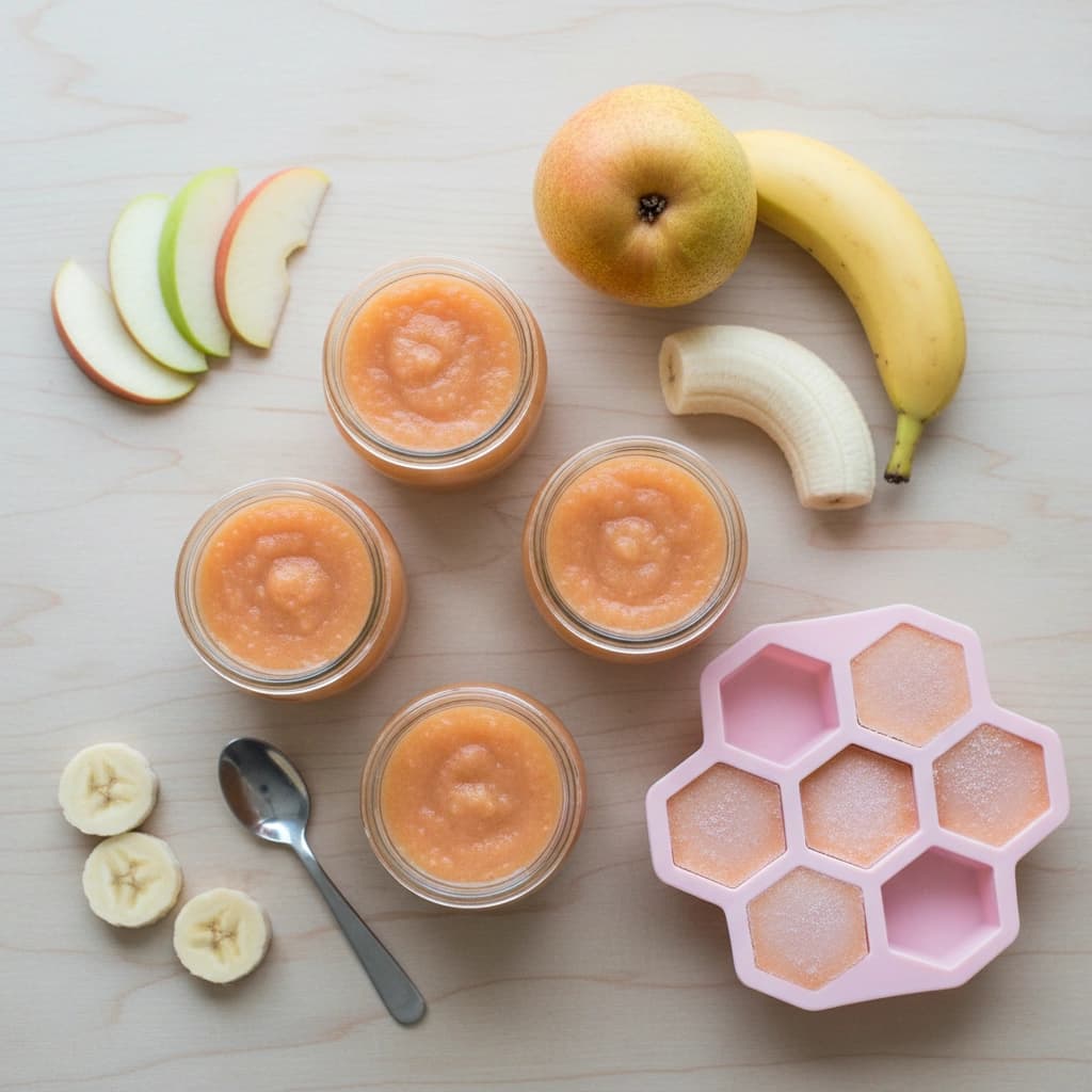 Domácí ovocné pyré z jablek, hrušek a banánu ve skleničkách