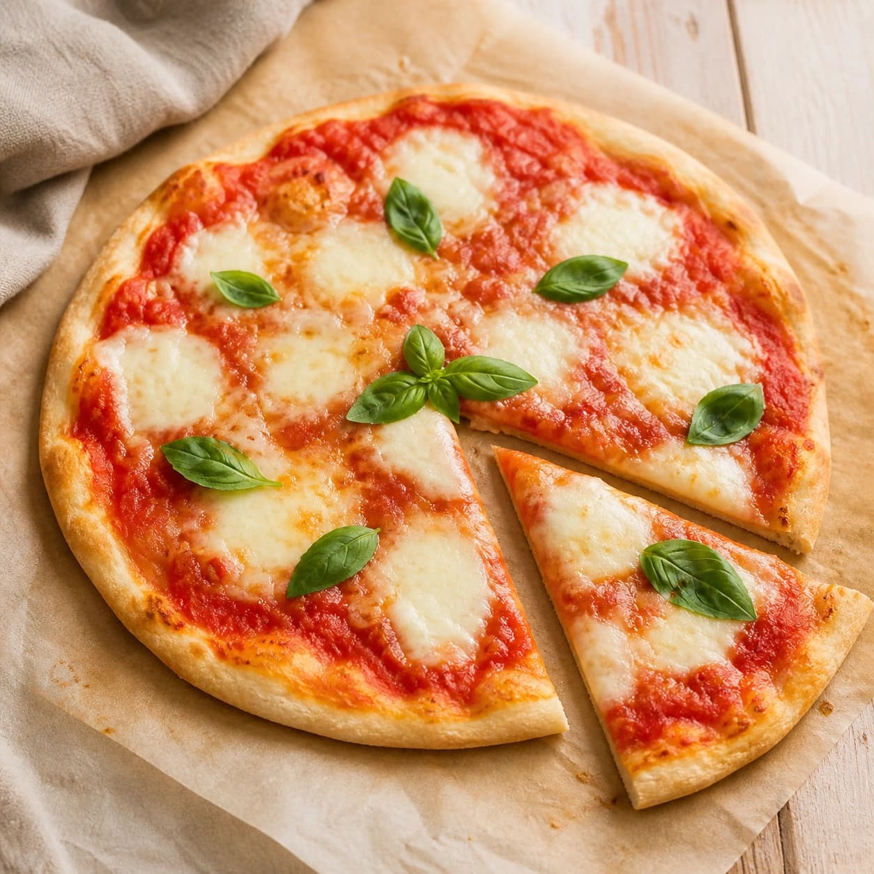 Domácí pizza Margherita pro děti na pečicím papíru — tenké kynuté těsto s rajčatovou omáčkou, roztavenou mozzarellou a čerstvou bazalkou, jeden kousek nakrájený stranou