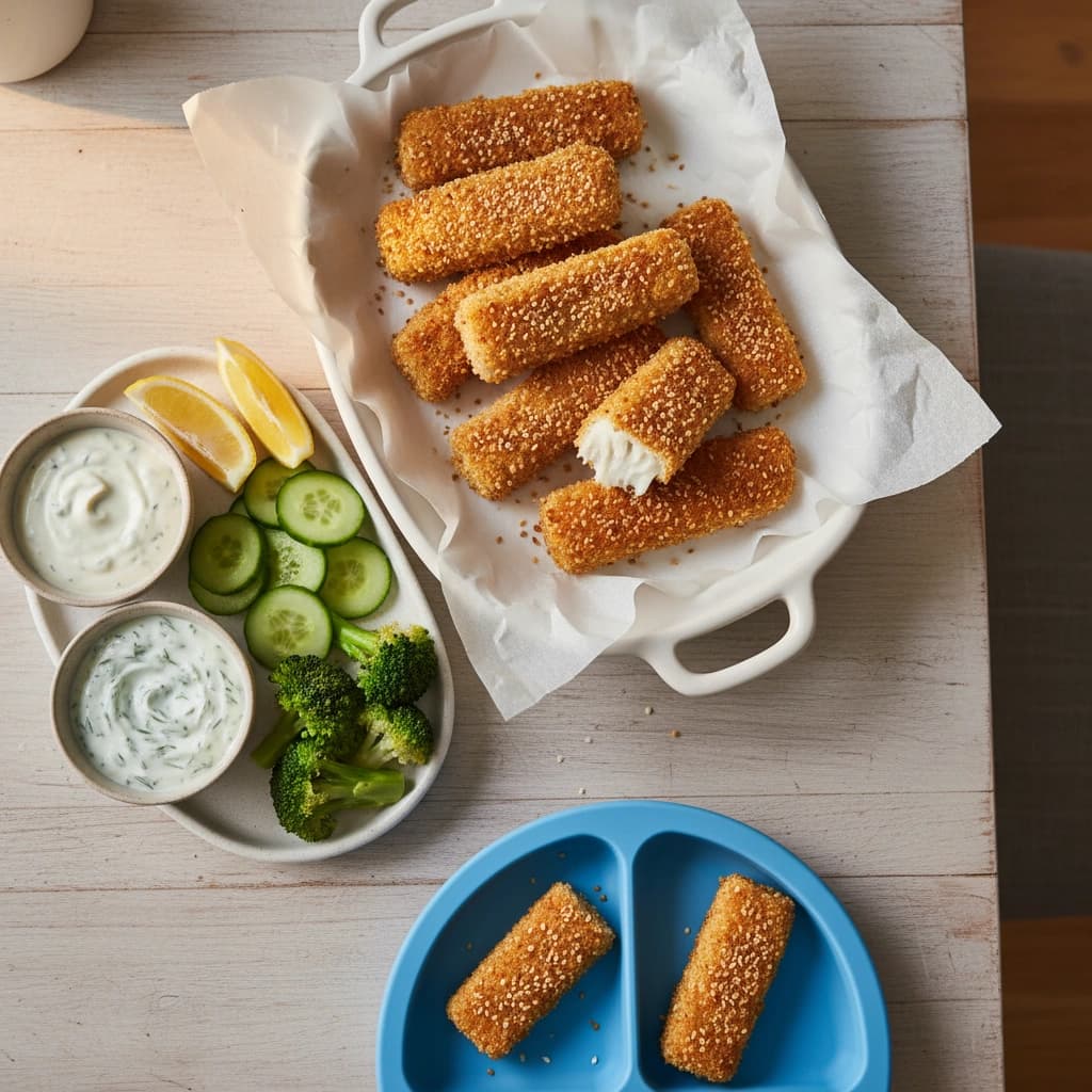 Křupavé domácí rybí prsty z trouby se sezamem a jogurtovým dipem