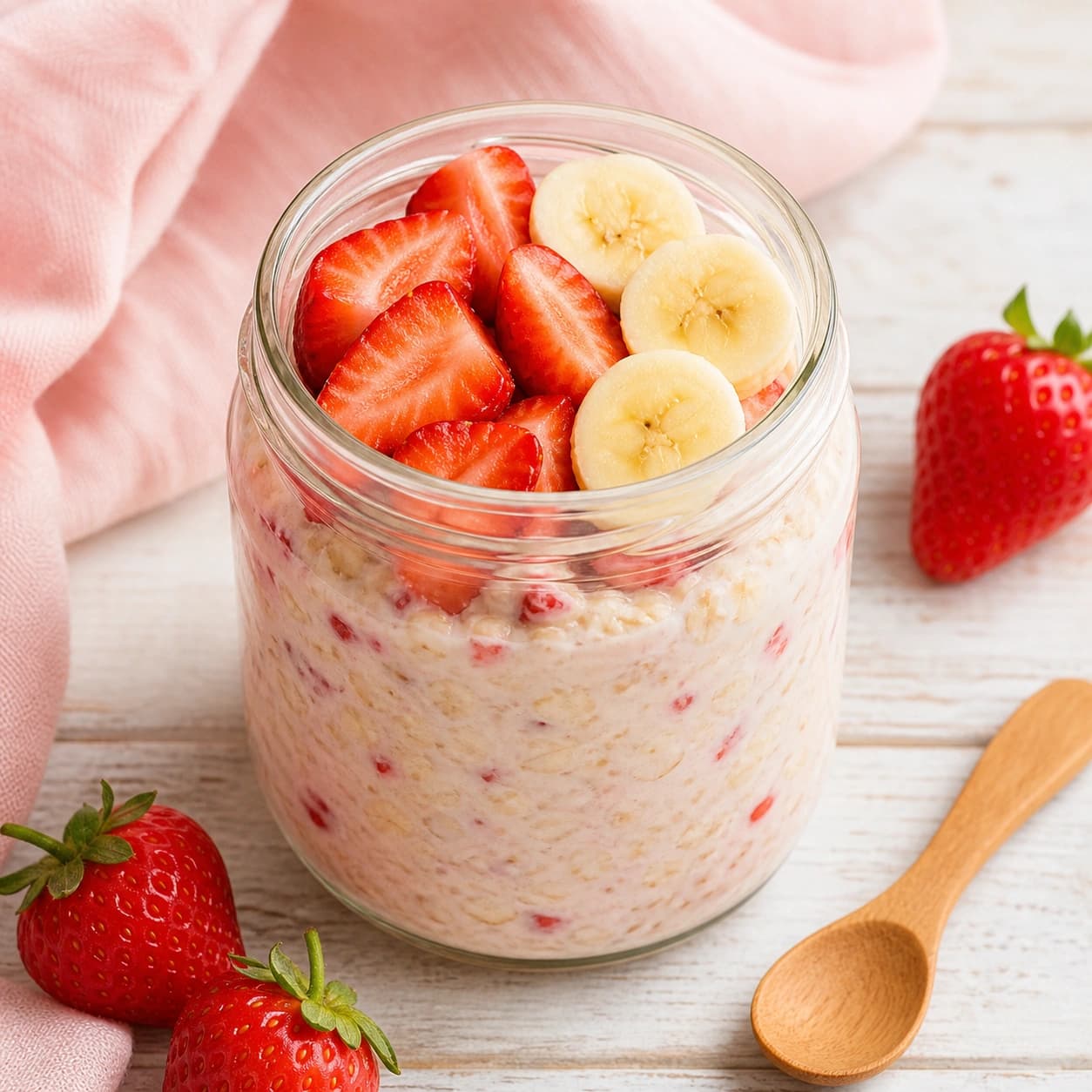 Jahodové overnight oats ve skleničce — krémová ovesná kaše přes noc ozdobená čerstvými nakrájenými jahodami a kolečky banánu, vedle dětská dřevěná lžička a čerstvé jahody na lněném ubrousku