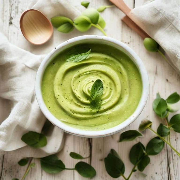 Jemné jarní hráškové pyré s mátou v bílé misce s dětskou lžičkou a čerstvým hráškem