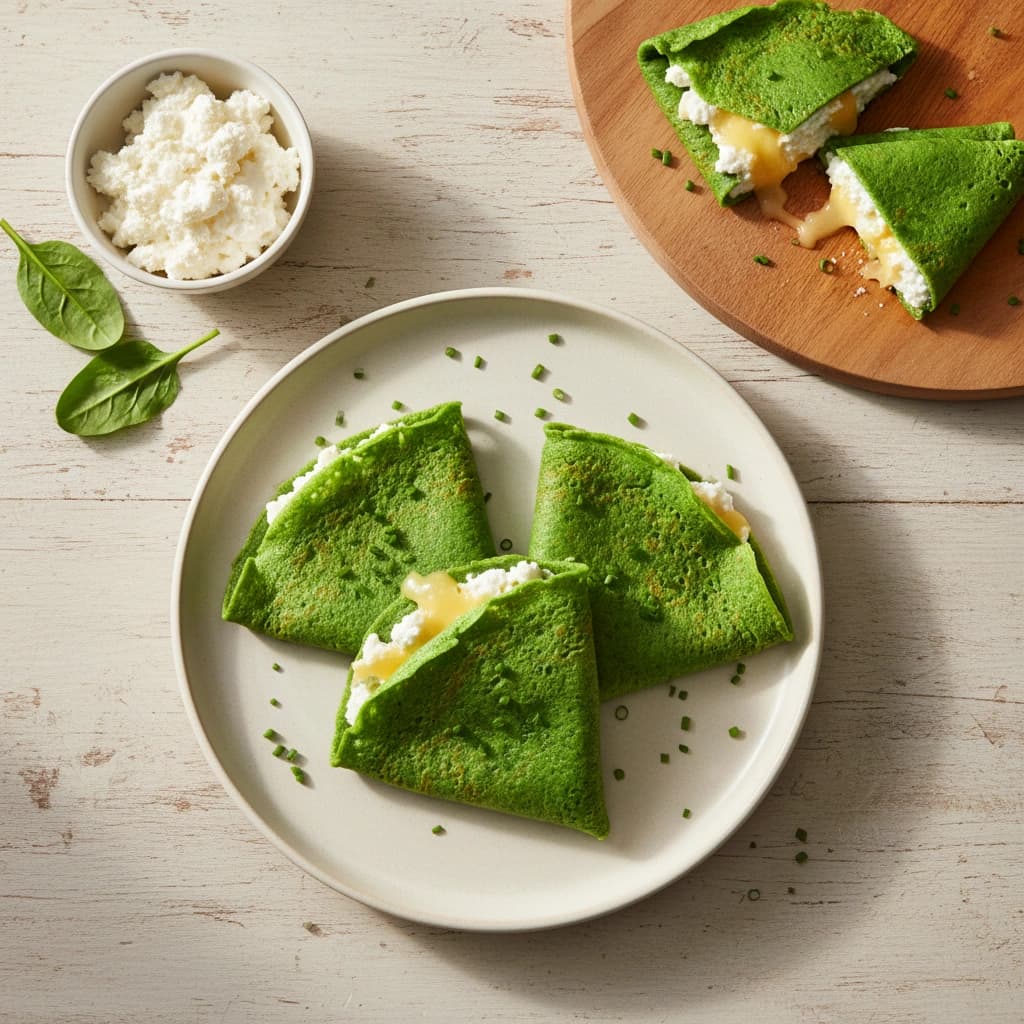 Zelené špenátové palačinky plněné ricottou a sýrem pro děti
