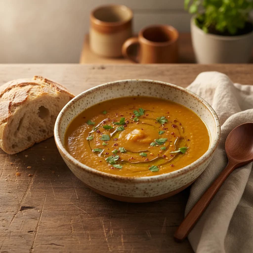 Krémová polévka z červené čočky s petrželí a olivovým olejem