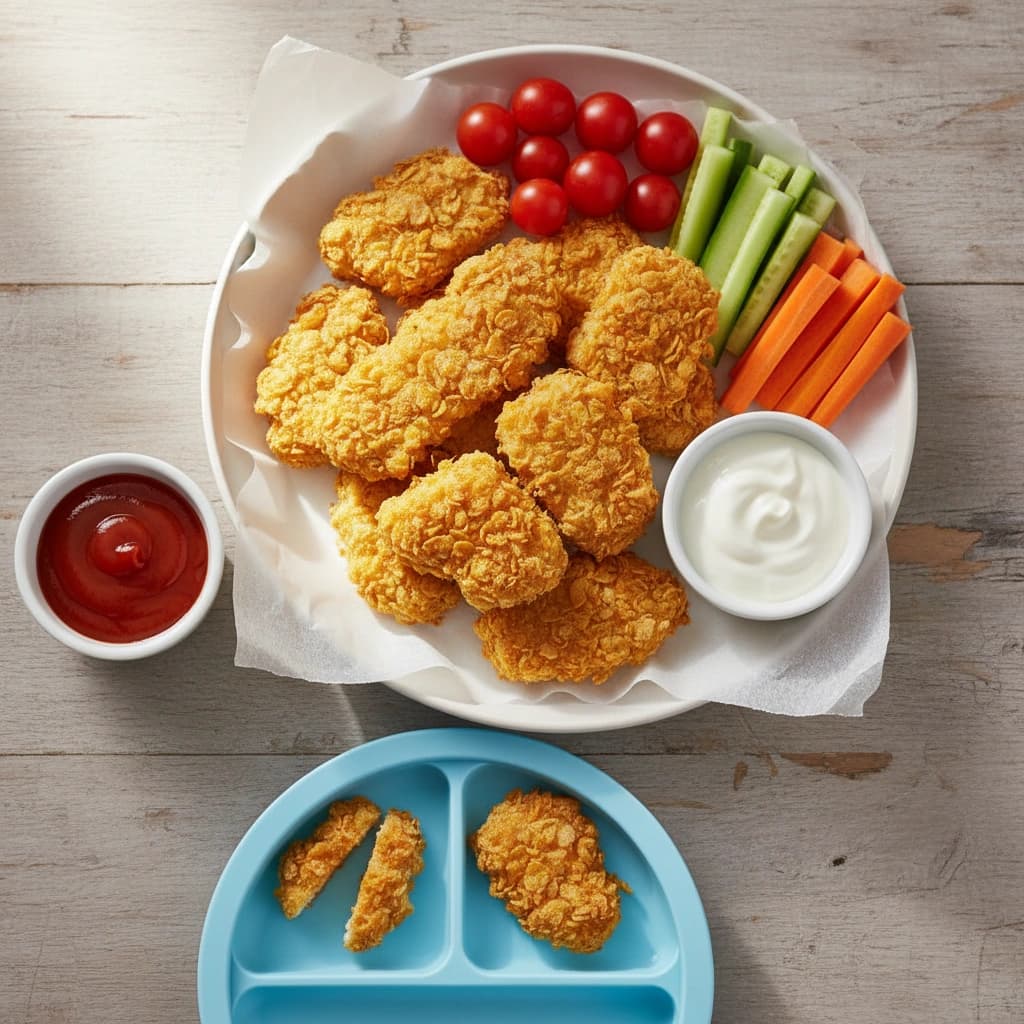 Křupavé kuřecí nugety z trouby s jogurtovým dipem a zeleninou