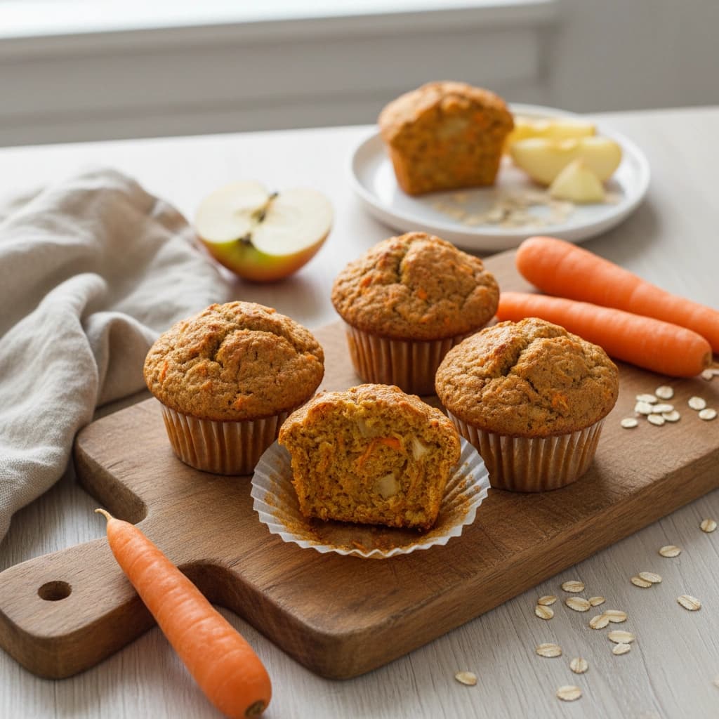 Mrkvové muffiny s jablkem bez cukru na dřevěném prkénku