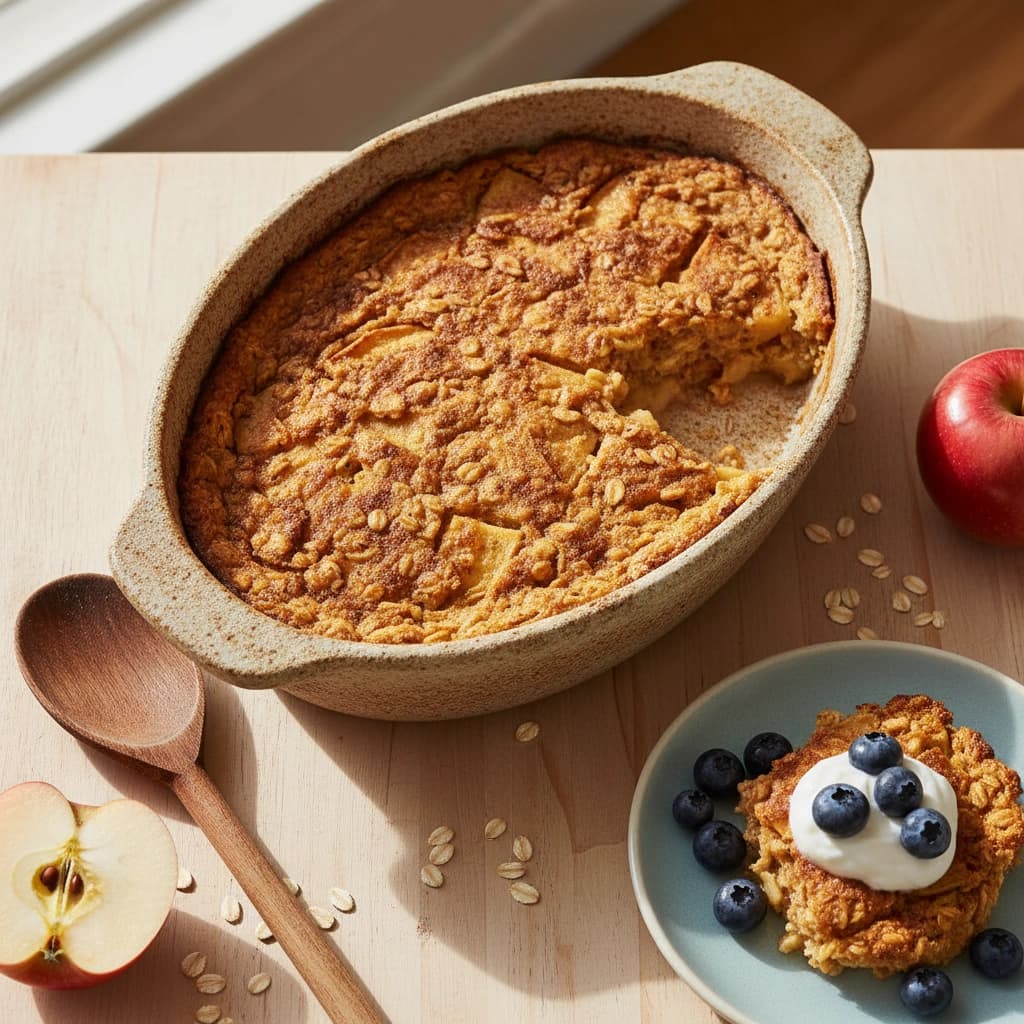 Pečená ovesná kaše s jablkem, skořicí a jogurtem