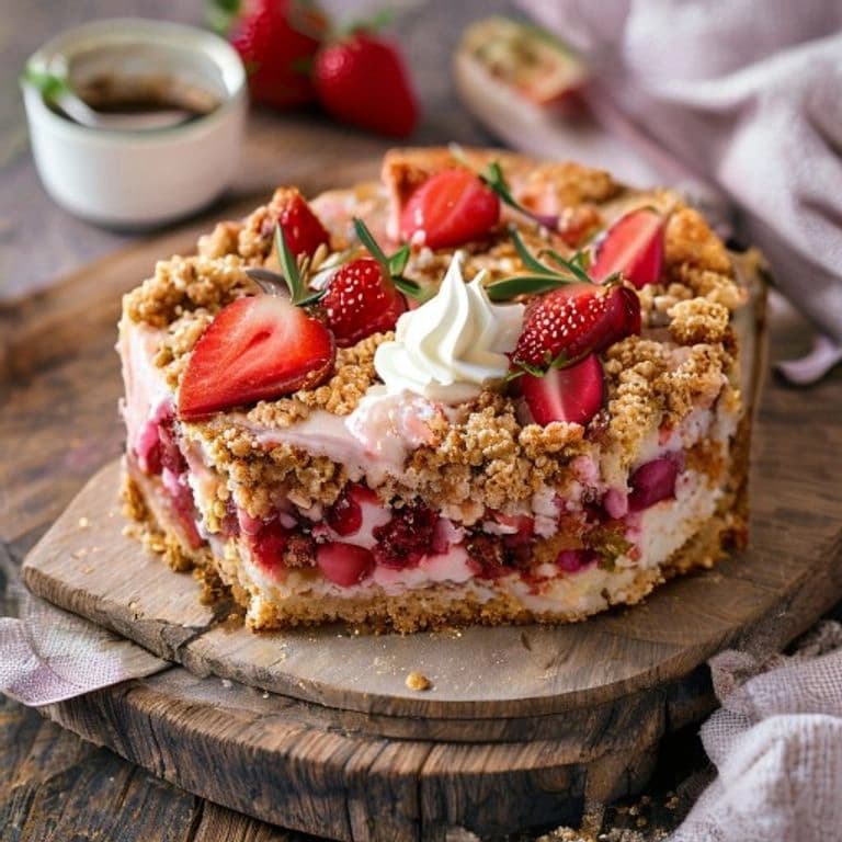 Domácí rebarborový koláč s drobenkou a jahodami — zlatavá křupavá drobenka s růžovými kousky rebarbory a červenými jahodami