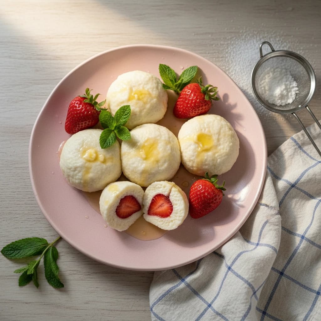 Tvarohové knedlíky s jahodami polité máslem