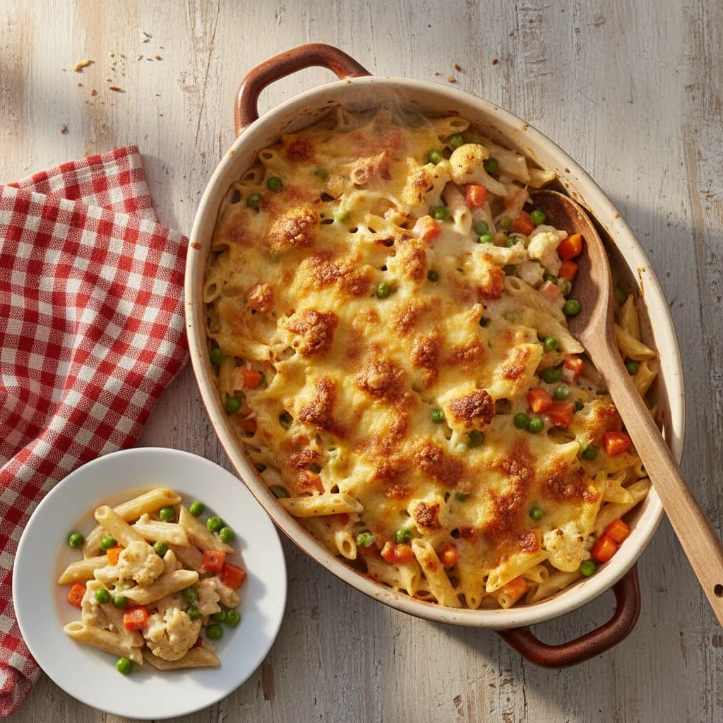 Zapečené těstoviny se zeleninou a zlatavou sýrovou krustou